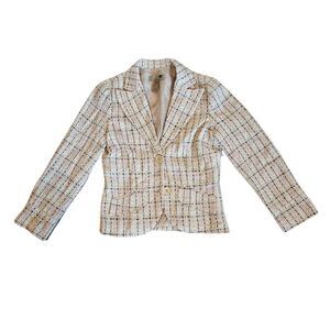 Fitted Tweed jacket neutral color tan brown with pink button up, collar size S